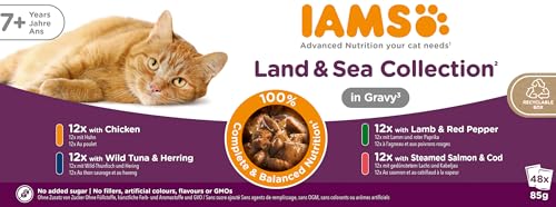 IAMS Delights Land & Sea Collection Senior Katzenfutter Nass - Multipack mit Fleisch und Fisch Sorten in Sauce, Nassfutter für ältere Katzen ab 7 Jahre, 48 x 85 g