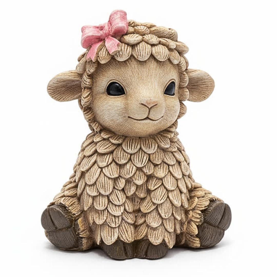 The Enchanted Garden Bringing Gardens To Life Beige Bo The Lamb Ornament – Adorable Rustic Resin Sheep Figurine With Pink Bow, Farmhouse Animal Statue For Shelf Or Mantel, Handcrafted Cottage Décor Gift For Mum, Friend Or Loved One