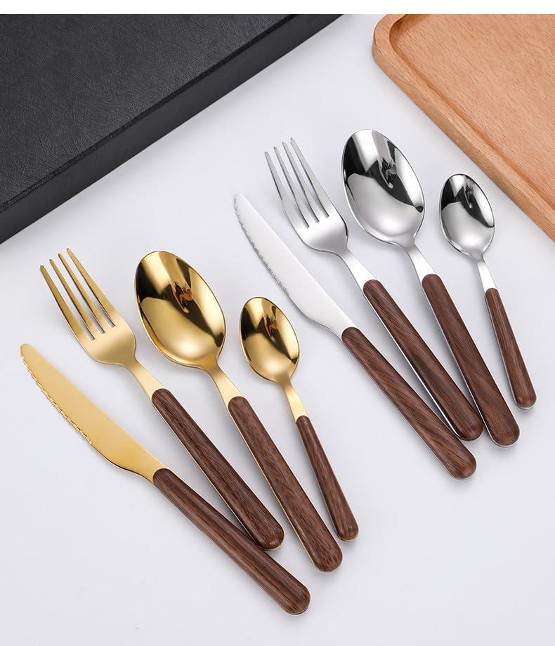 Este Juego de Cubiertos, 5/20/30/40 Piezas, Cuchillo, Tenedor y Cuchara de Acero Inoxidable con Mango de Madera, Estilo Retro, Incluye Cuchara para café, Postre y Tenedor para Fruta, Color p