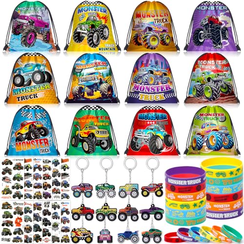 SNLN Monster Truck Party Favors Birthday Supplies for Boys Kids Drawstring Bag Silicone Bracelet Keychain Tattoo Sticker Pinata Goodie Bag Stuffers Monster Truck Birthday Party Supplies Decor