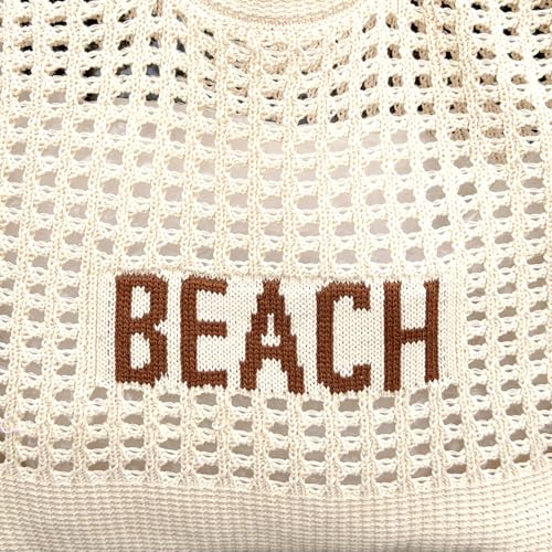 Bolso tejido de playa para mujer crema y marrón claro miniatura 7