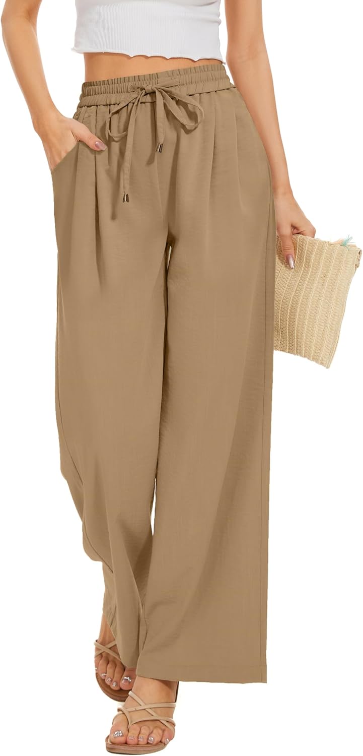 FUNYYZO 2025 Women Summer Pants Drawstring Waist Wide Leg Pants Loose Fit with Pockets Pull On