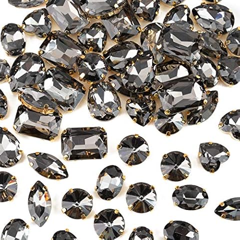 Large Gold Sew On Rhinestones, Choupee 48PCS Mixed Shapes Brass Sew On Glass Stones Jewels Sewing Claw Gems for Craft, Clothes, Dress, Earring, Shoes, Costume Jewelry(Grey, Copper - Gold Claw) Cover