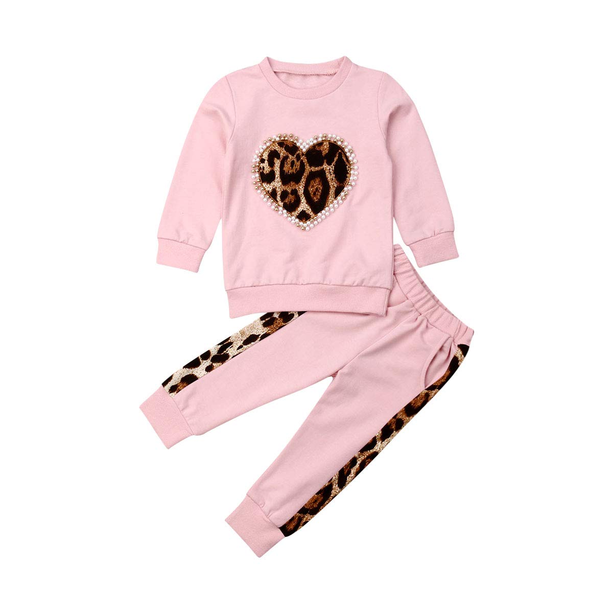 Loalirando Conjunto Bebé Niña de Otoño Chándal de 2 Piezas Traje Deportivo Sudadera sin Capucha con Manga Larga y Patrón de Corazón Leopardo Pantalones Largos de Cintura Elástica