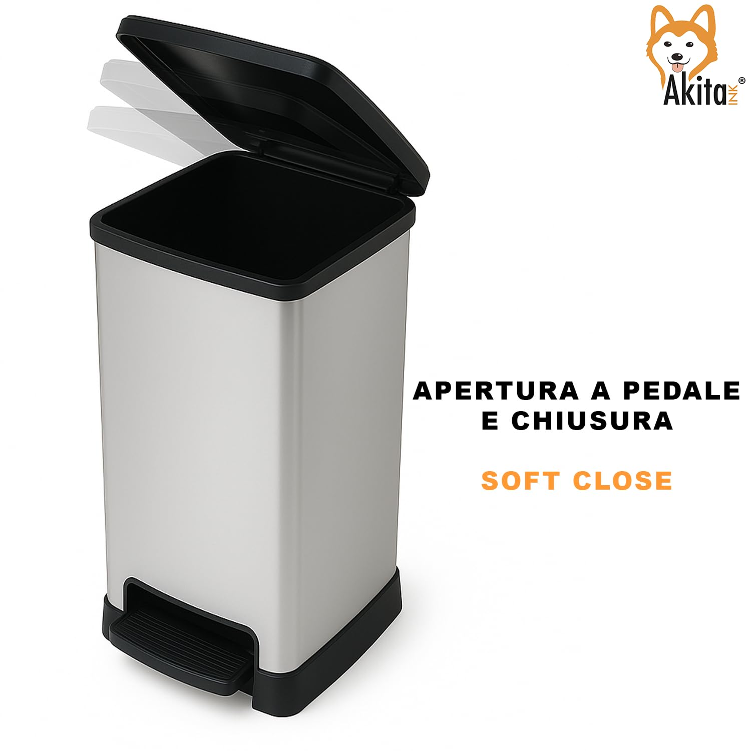 AKITAInk Pattumiera a Pedale BIG XXL 28,8x39x65,4 cm - Compatibile con 2 Sacchetti, Chiusura Soft Close, Raccolta Differenziata, Grigio Metallizzato, per Cucina e Ufficio, Facile Pulizia