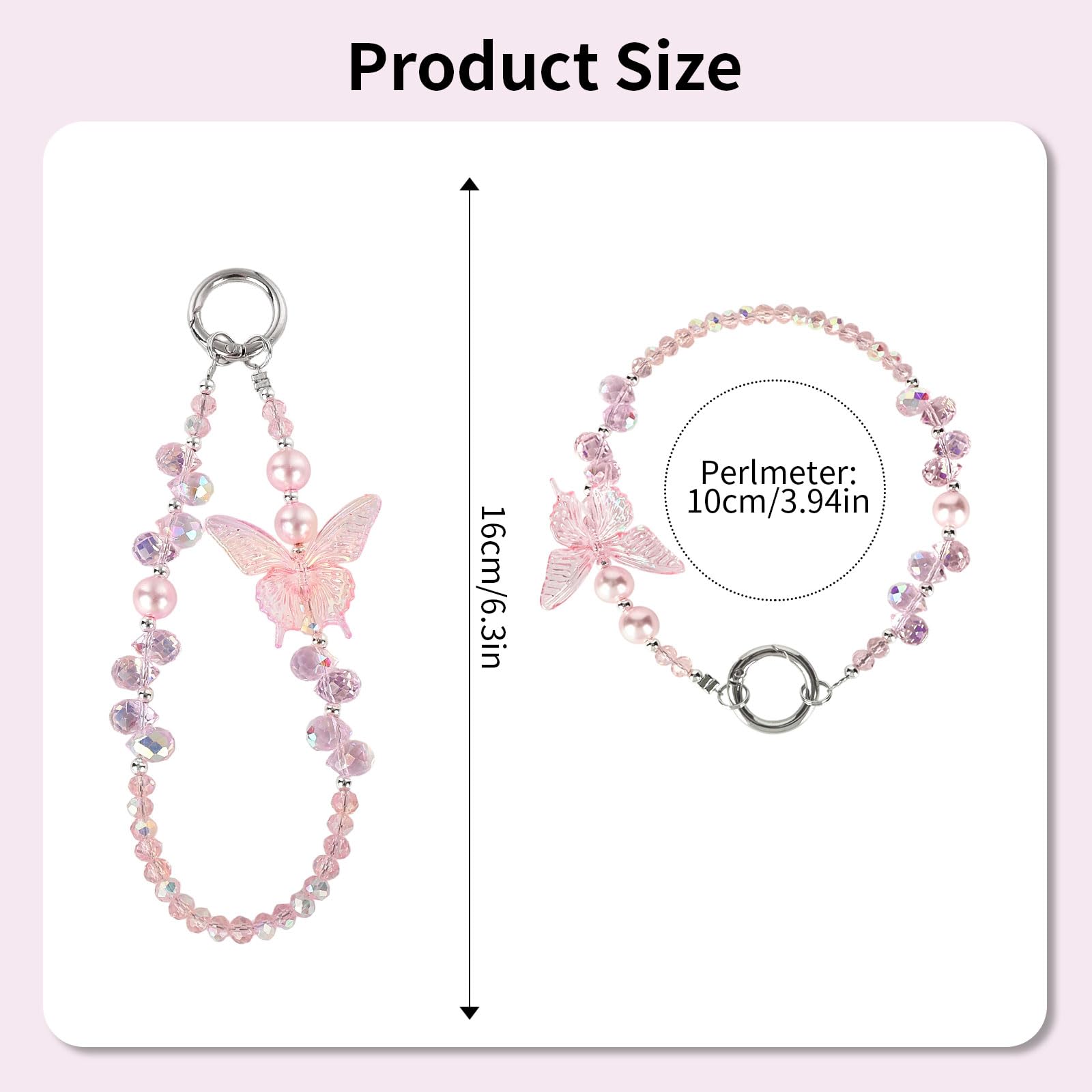 Fycyko Beaded Phone Wrist Strap,Crystal Glitter Cute Butterfly Keychain Wristlet,Phone Chain Wristlet Purse Bag Charms — view 2