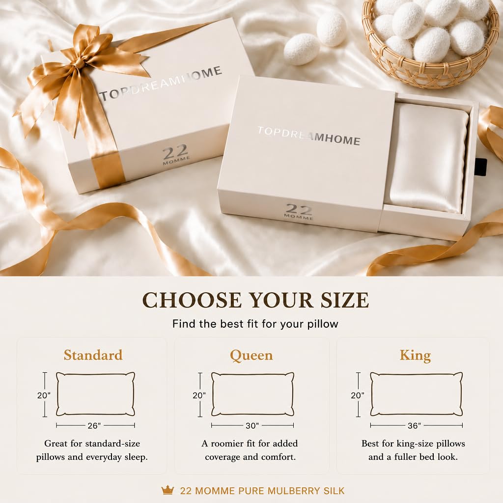 100% Pure Mulberry Silk Pillowcase, 22 Momme 6A Grade, for Hair & Skin, Gift for Women & Men (White, Standard)