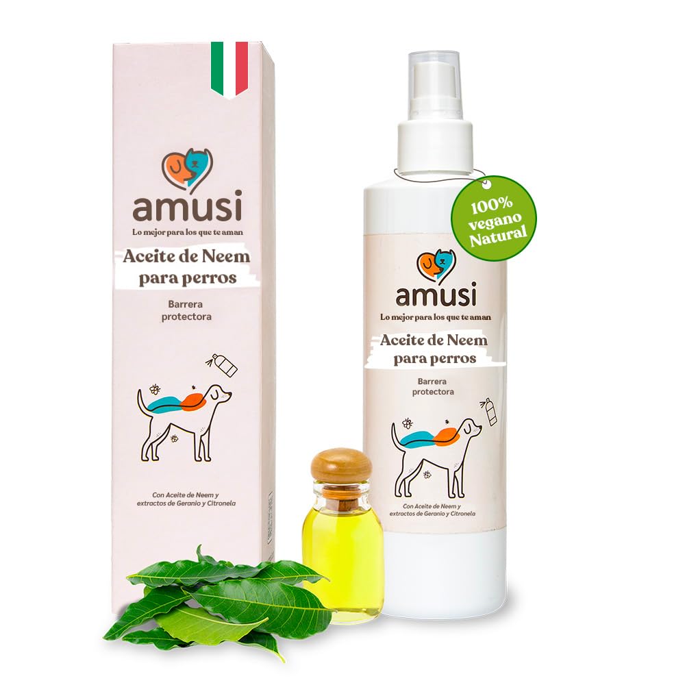 amusi Aceite de Neem para Perros - 250 ml - Spray Antiparasitario Perros Natural - Anti Insectos - Spray Antipulgas Perros - contra Garrapatas Pulgas Mosquitos Moscas Ácaros Piojos - Anti Pulgas