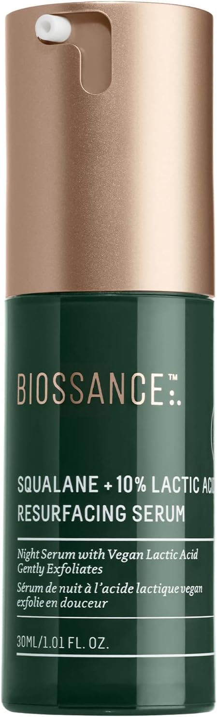 Biossance Squalane + Lactic Acid Resurfacing Night Serum - Vegan 10% Lactic Acid Face Serum for Skin Texture and Fine Lines - Gentle Night Exfoliant, Hydrating - Pore Reducer for Face, 1.0 Ounce