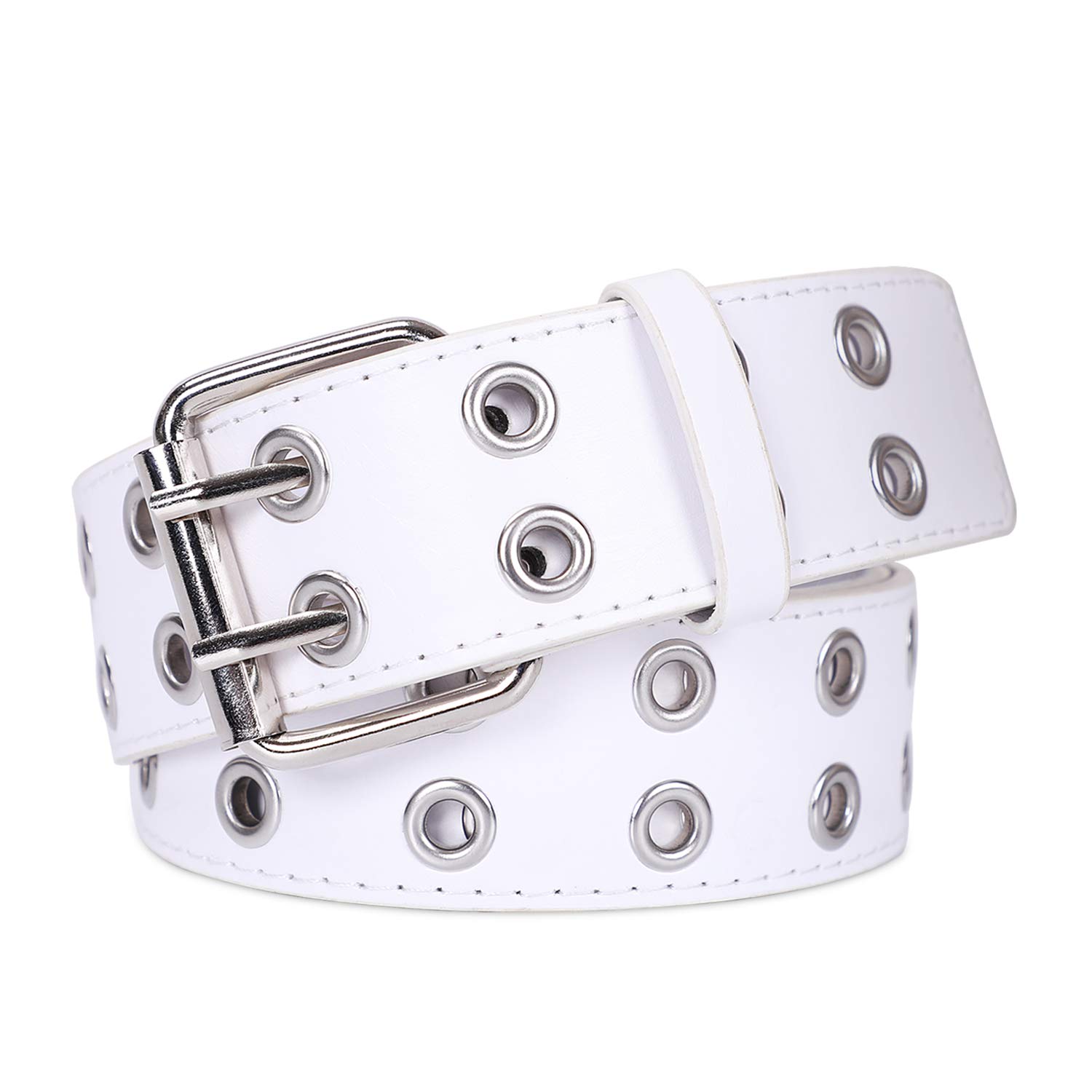 XZQTIVE Double Grommet PU Leather Belt for Women Men Punk metal Jean Belt Wide 1 5 Inch