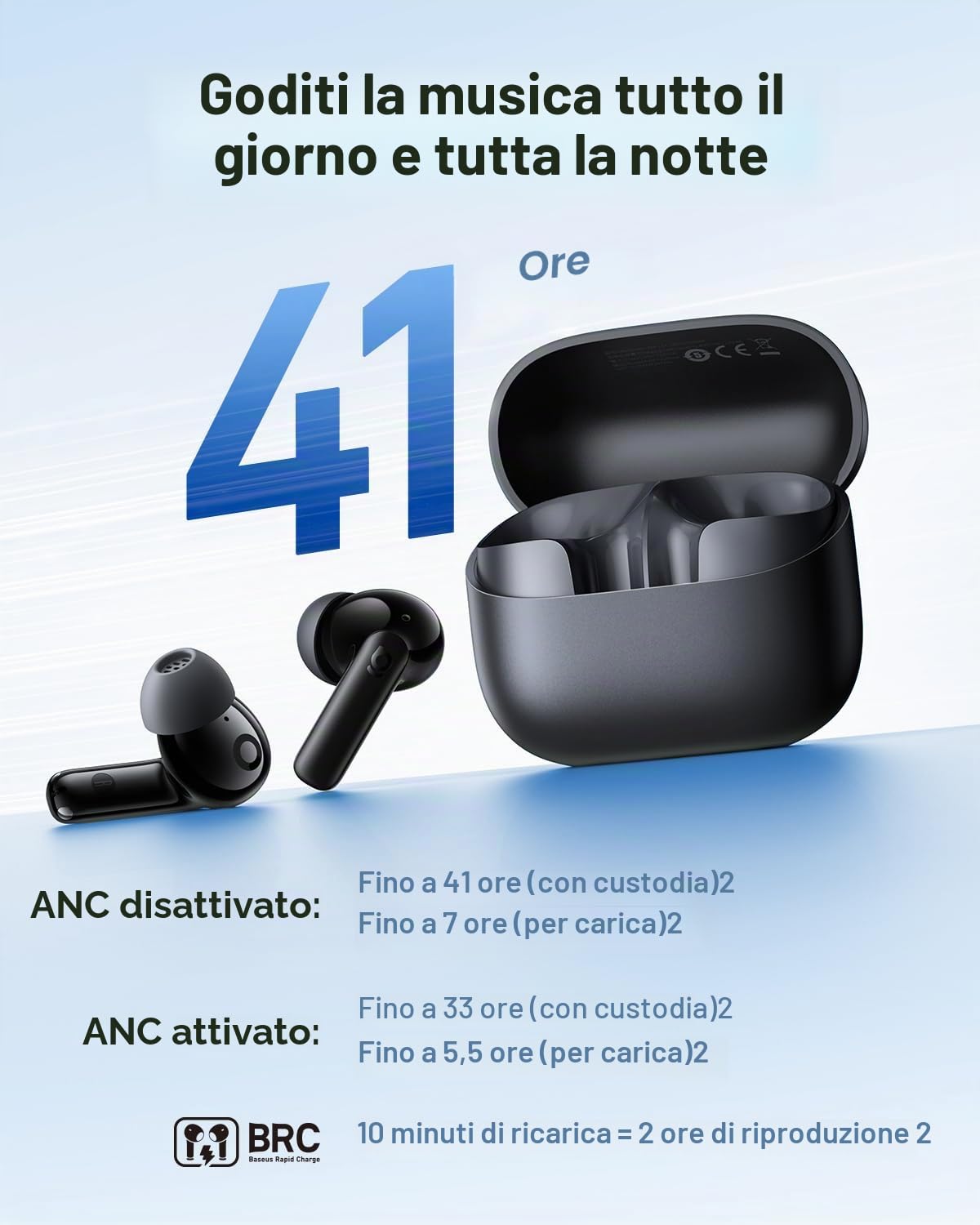Baseus EP10 NC Auricolari Bluetooth con cancellazione del rumore, cuffie Bluetooth con -43 dB ANC, cancellazione del rumore adattiva, auricolari con 4 microfoni, chiamata chiara, IP55, 41 ore di