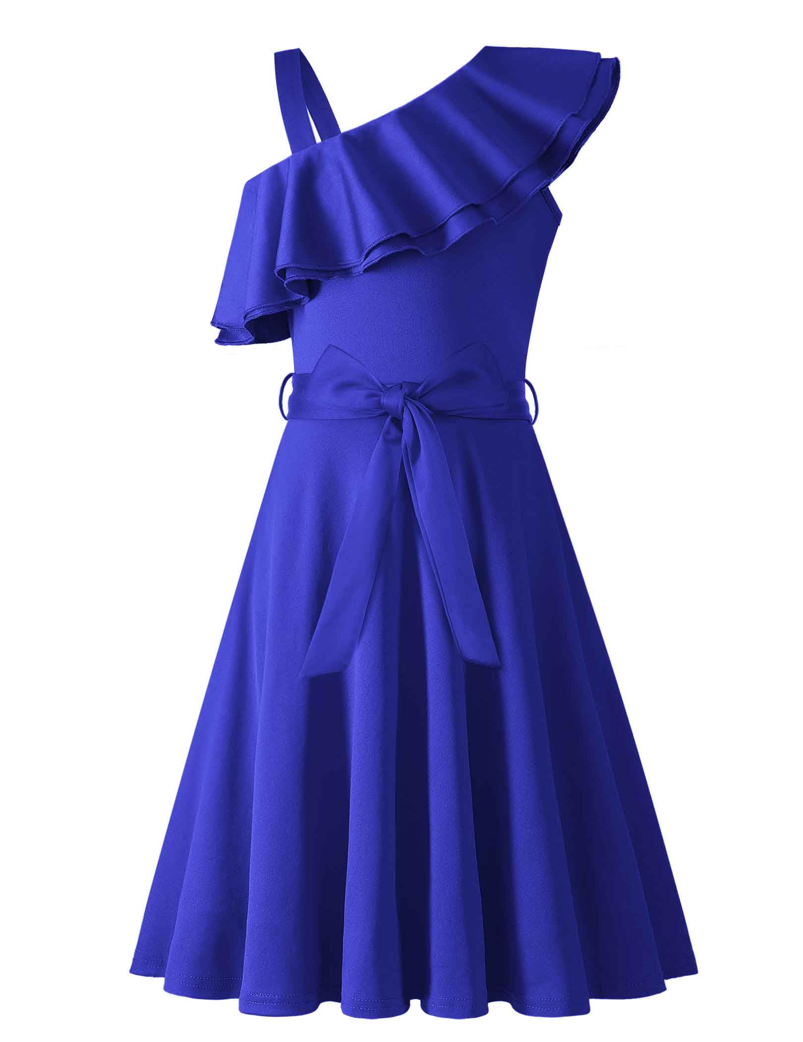 Arshiner Girls Dress One Shoulder Formal Ruffle Trim Birthday Party Dresses with Belted Pockets for 5-12 Years