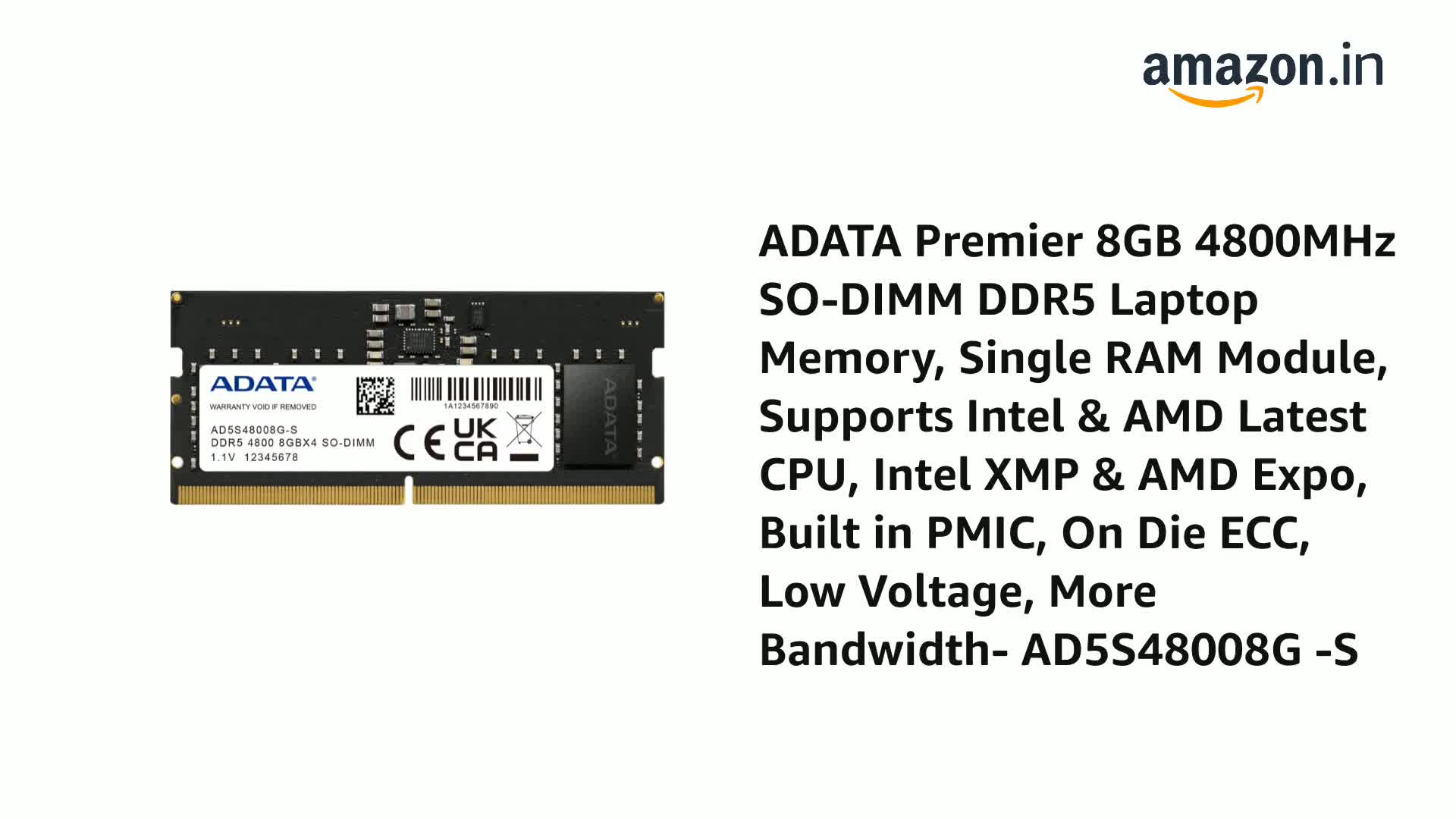 たま⑤ Amazon.in: Buy ADATA Premier 8GB 4800MHz SO-DIMM DDR5 Laptop