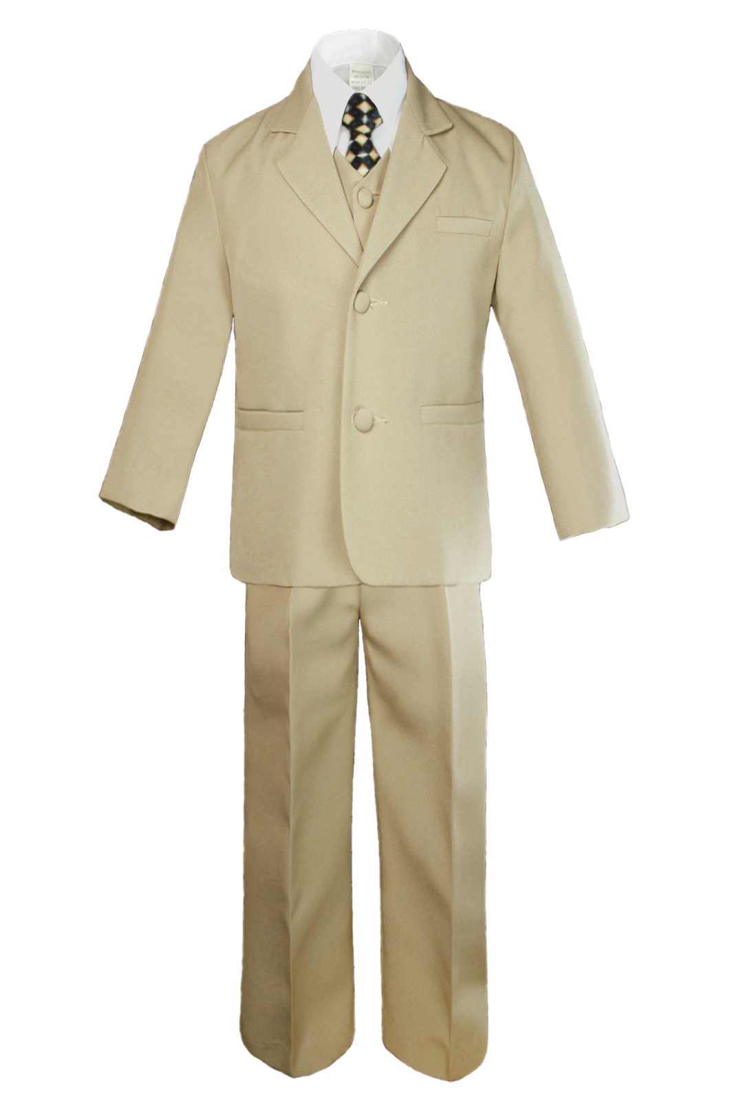 6pc Boys Khaki Tuxedo Suits with Satin Geometric Necktie from Baby to Teen (2T)