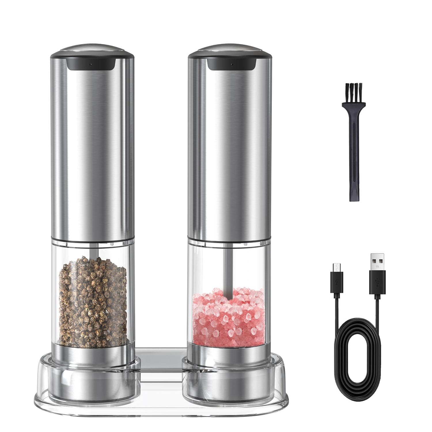 Electric Salt and Pepper Grinder Set Rechargeable Adjustable Coarseness Stainless Steel Pepper Mills With Washable 95ml Container,LED Light Light and Base,Silver NEW for Home