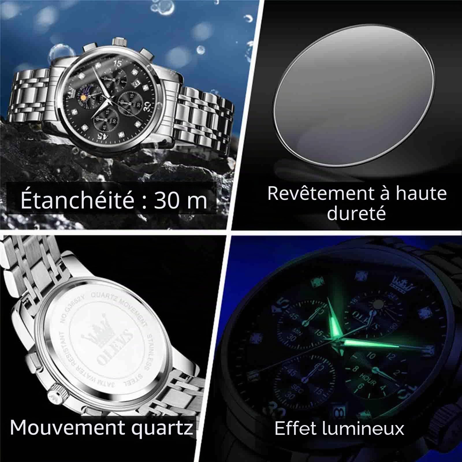 OLEVS Montre Multifonction pour Homme, Multi-Cadrans, étanche, chronographe Lumineux avec Date, Montre en Acier Inoxydable pour Homme, Montres de Luxe à Phase de Lune