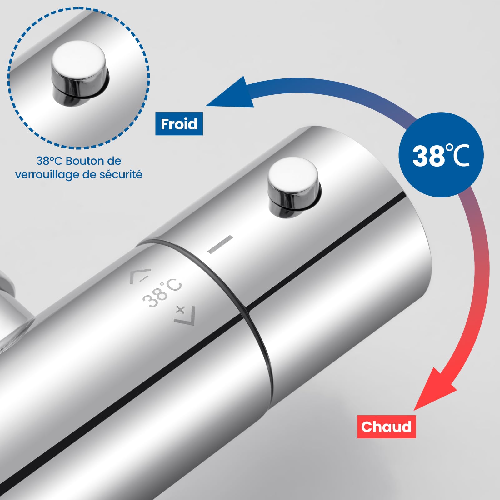 Auralum Mitigeur Douche Thermostatique, Robinet Douche avec Bouton Sécurisé à 38°C Anti-brûlure Mitigeur, Mitigeur pour Douche Murale Alliage, Contrôle de la température, Chromé