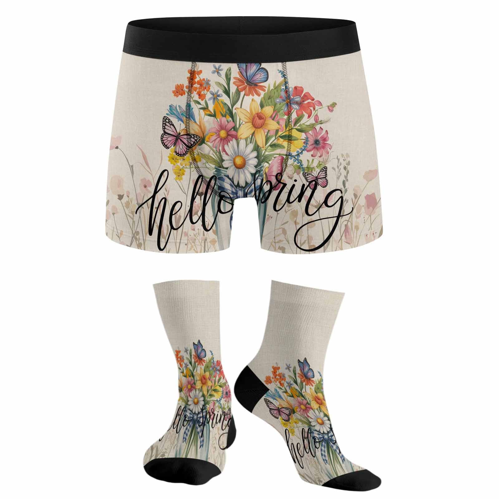 Hello Spring Unisex Underwear with Crew Socks Set Pink Flowers Daisy Butterflies Vintage Linen Texture Boxer Briefs Funny Gifts for Men Women, M