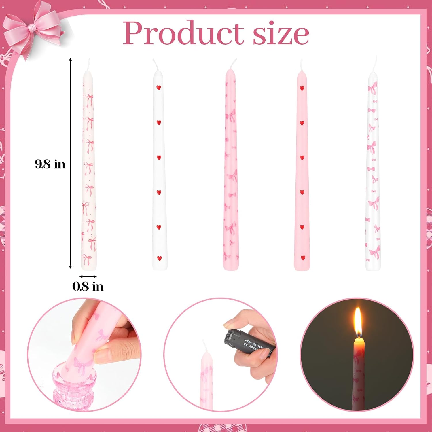 Bokon 10 Pcs Valentines Day Taper Candles with Candlestick Holders Pink Bow Heart Coquette Taper Candles Galentines Party Decor for Valentine's Day Girlfriends' Weddings Anniversaries Birthday