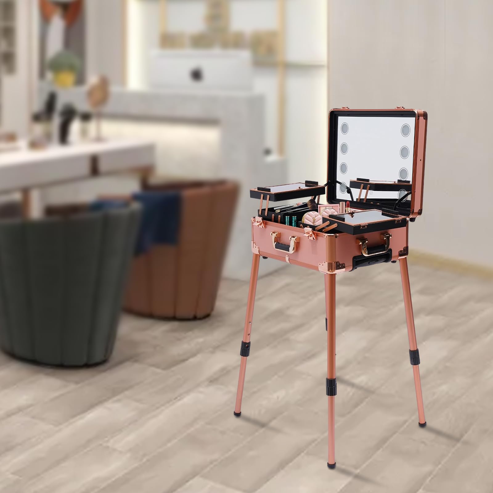 Profi Kosmetikkoffer Trolley Schminkkoffer Make-up Koffer Beauty Case Roségold 3-Etagen 4 Rollen 8 LED-Licht Farbe/Helligkeit 50kg Traglast 82cm Höhe Abschließbar Alu