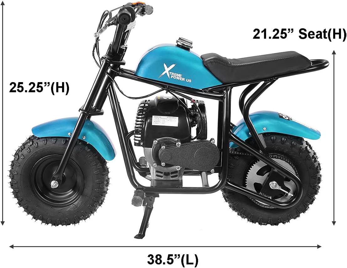 XtremepowerUS Mini Dirt Bike with key dimensions labeled: 38.5 inches length, 25.25 inches height, 21.25 inches seat height.