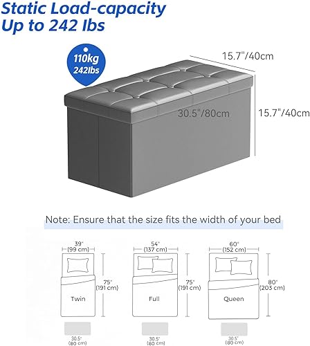 Miniatura 4 de BRIAN & DANY Banco otomano de almacenamiento de 30 pulgadas, otomano de piel sintética con almacenamiento, zapato de banco plegable, taburete