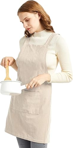 Miniatura 3 de ELEZAY Delantales para mujer con bolsillos, talla grande, cómodo, espalda cruzada, sin lazo, delantal de lino y algodón