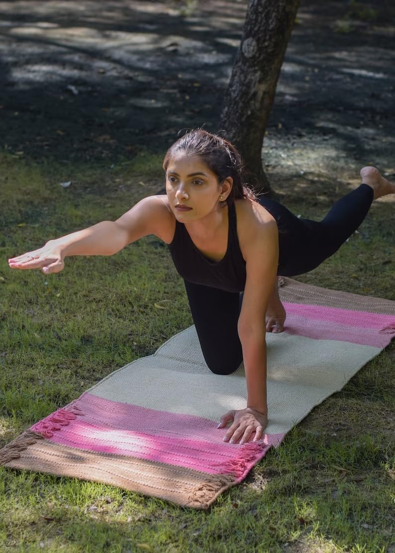Tapis de yoga indien fait à la main - 100 % coton bio - Tapis de yoga antidérapant et épais - Tapis de yoga pliable pour le fitness quotidien à la maison - Confortable et extra long - Dimensions : 61