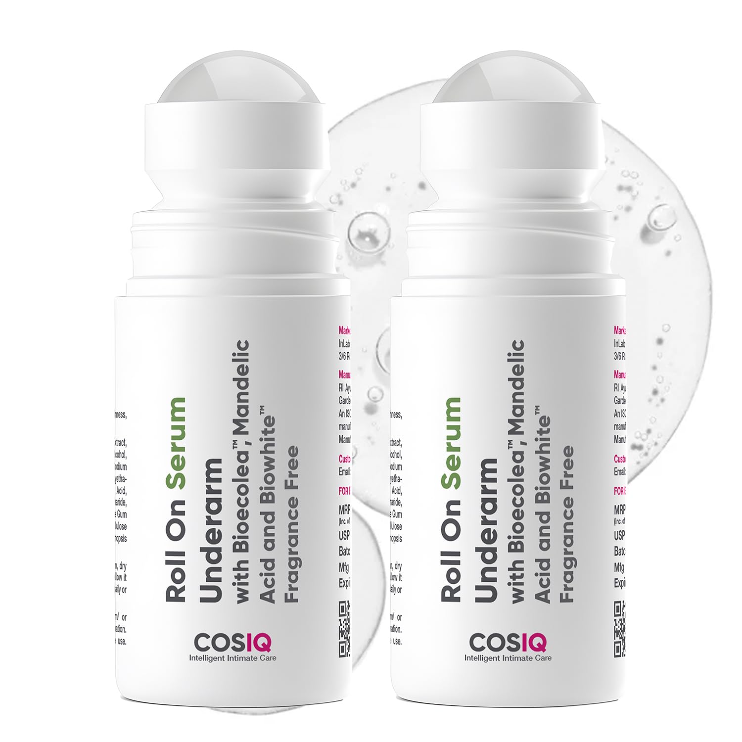 Cos-IQ Brightening Underarm Roll On Serum (Pack of 2 X 40ml) | With Bioecolea, Mandelic Acid and Bio White | Fragrance Free | Brightens Skin & Exfoliates Underarms | For Sensitive Skin | 60 Days Pack