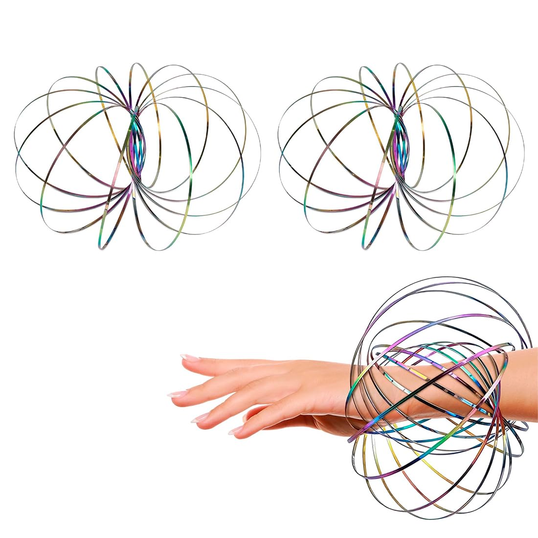 QEDBOJE2 Pieces 3D Flow Ring Toys, Multisensory Educational, Interactive, Magical, Stainless Steel, Arm Spring Bracelet with Bag for Adults Stress Relief
