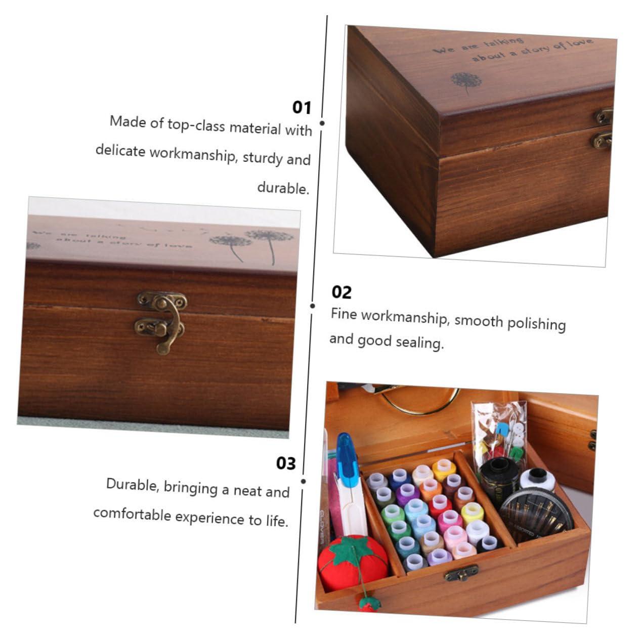 1pieza Caja De Almacenamiento Multifuncional De Madera Para Costura Organizador Retro De Accesorios Para Hogar Para Hilo y Aguja Diseño Grabado y Cerradura Metálica