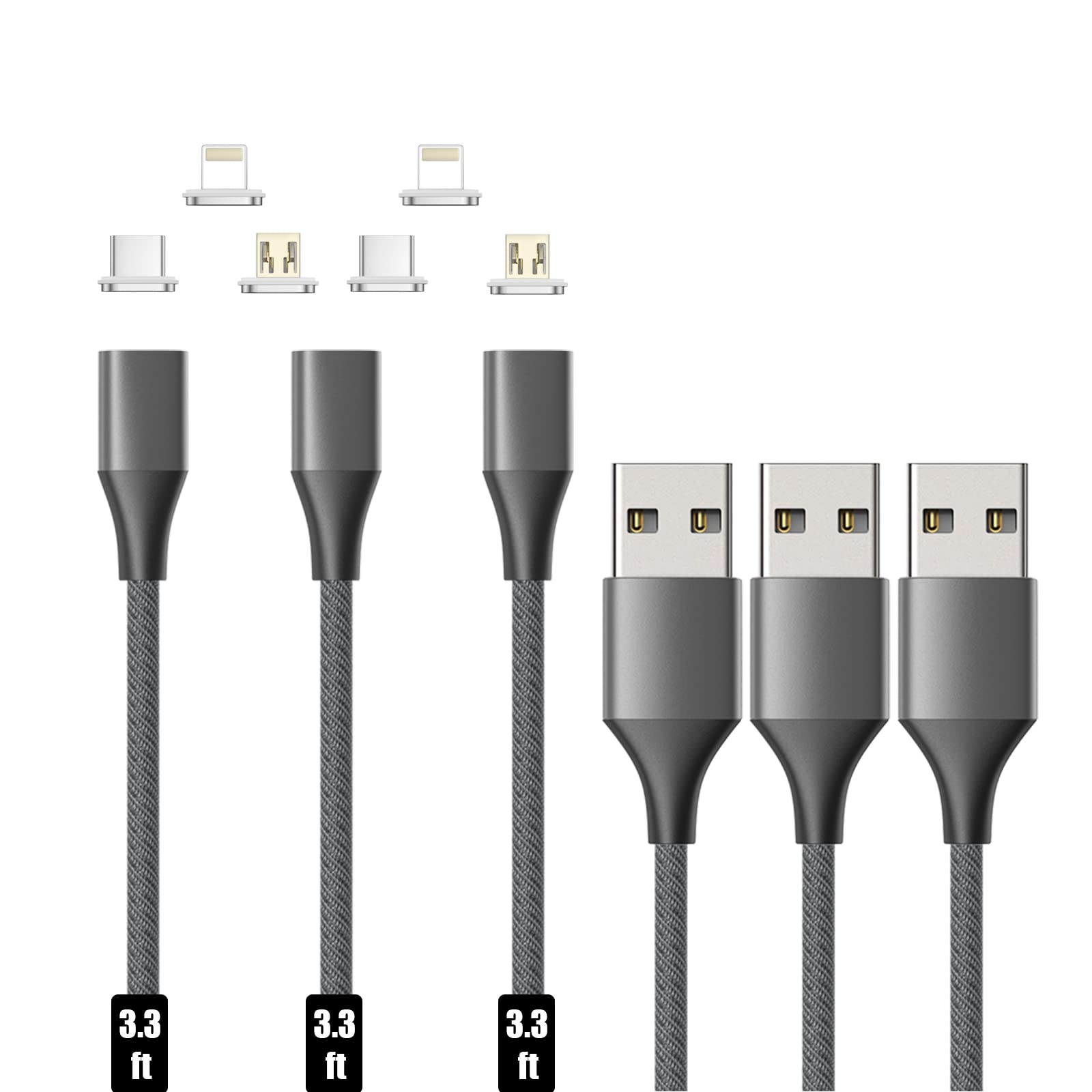 Magnetic Charging Cable,3in1 NetDot Gen10 3 Pack (3.3ft/Gray) Max 18W Fast Charging Magnetic Phone Charger and Data Transfer Magnetic Charger for Micro USB, USB-C/Type c and i-Product