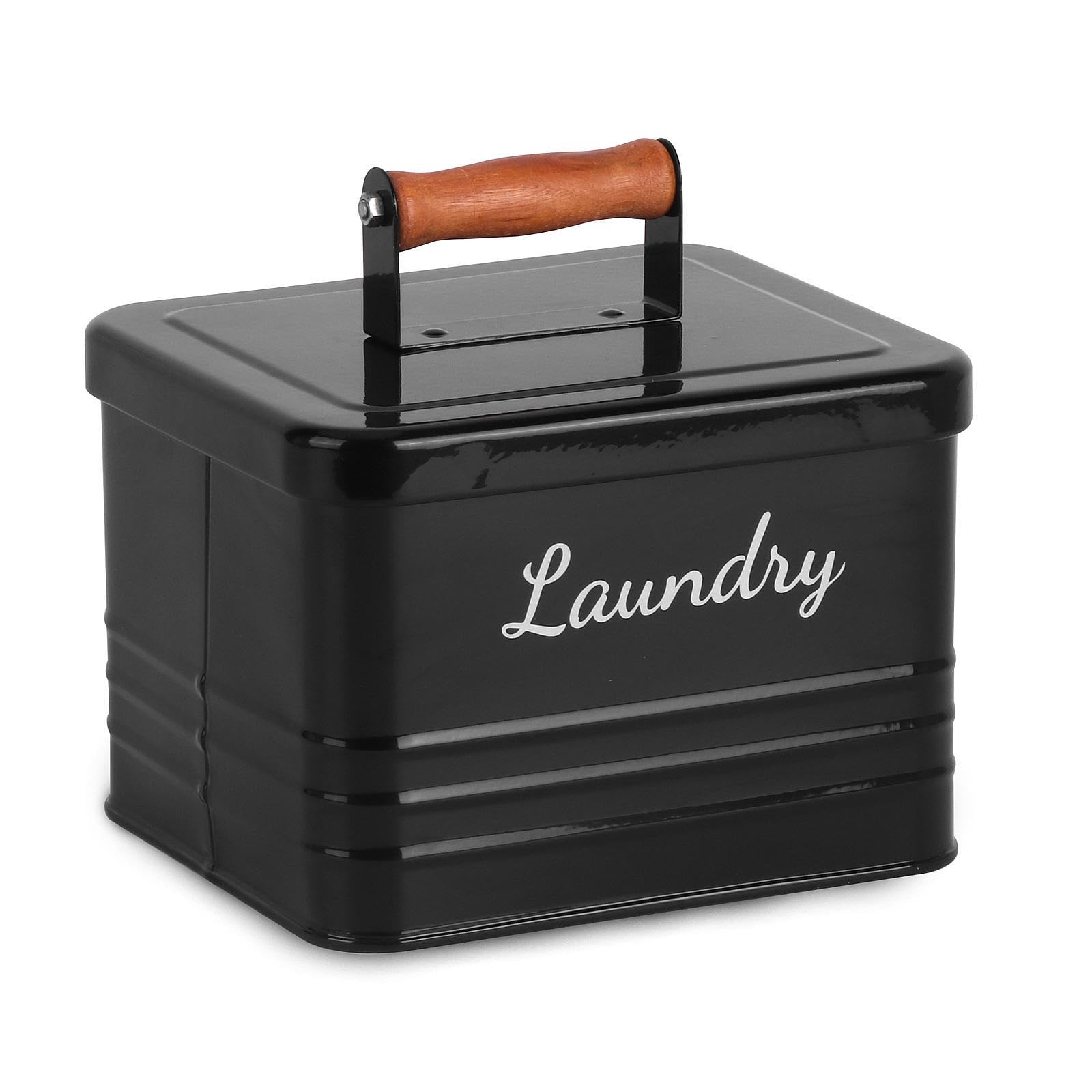 Qianly Wäschereischalen Lagerbehälter Waschkapsel Halter Eisenlagerbox Holzgriff für Zuhause, Schwarz