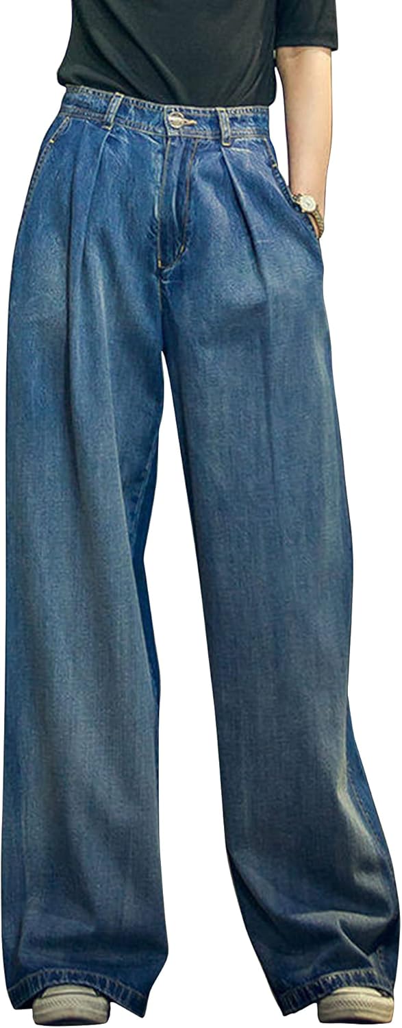 HaoMay Women's High Waist Wide Leg Jeans Pleated Denim Long Pants