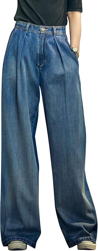 HaoMay Womens High Waist Wide Leg Jeans Pleated Denim Long Pants