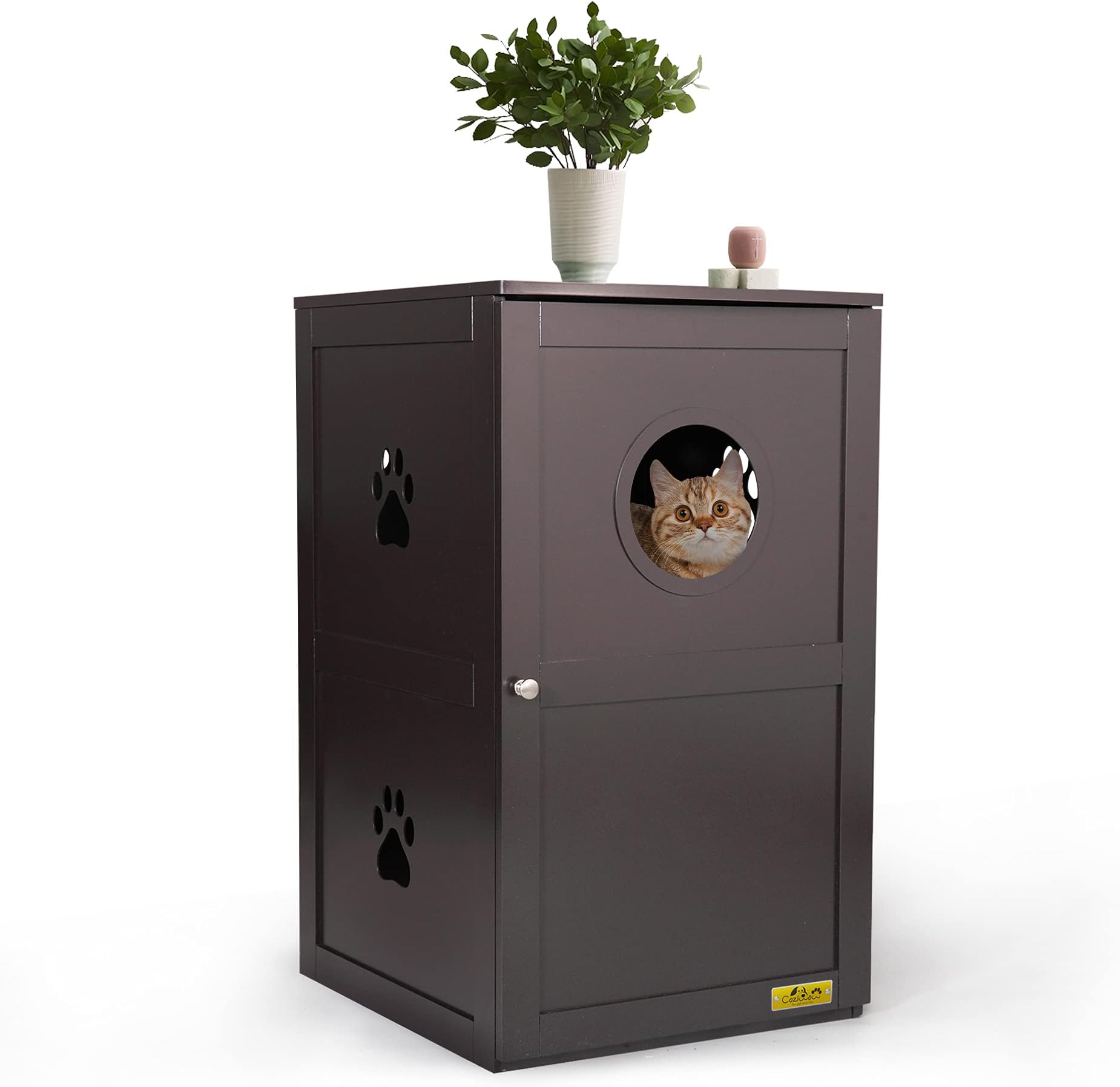 Enclosed Litter Box Enclosure Furniture Hidden Cabinet,Cat Washroom Bench,Litter House Litterbox Cover,Dog Proof Cat Feeding Station Nightstand Table for Large Cat Kitten Kitty