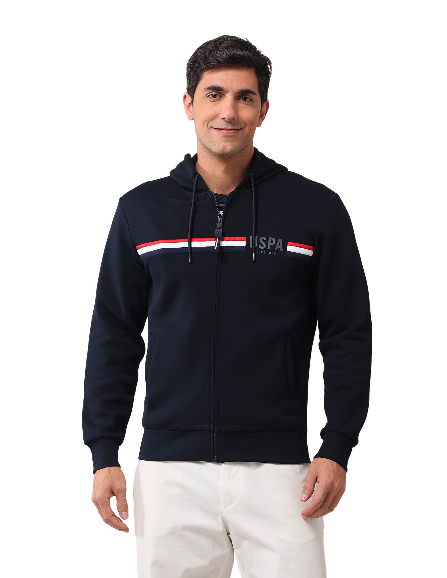 U.S. Polo Assn. Men's Blue Striped Hooded Neck Long Sleeve Casual Cotton Regular Fit Sweatshirt in blue