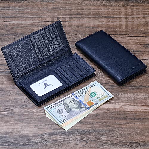 Image of HISCOW Full Grain Leather Men's Long Wallet, 15 Card Slots, Pebbled Blue, 6.97 inchH x 3.5 inchW x 0.98 inchD, Classic | Gusseted bill compartment, tall bifold design, clear ID window, ideal for coat pockets or briefcases, turned-edge, gift box