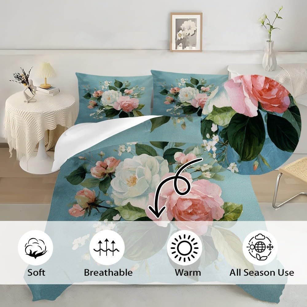 3-częściowy komplet pościeli 180 x 200 cm, z mikrofibry, akwarela, róże, kwiaty, poszwa na kołdrę z zamkiem błyskawicznym, 2 poszewki na poduszkę 80 x 80 cm, oddychająca, nie wymaga prasowania i