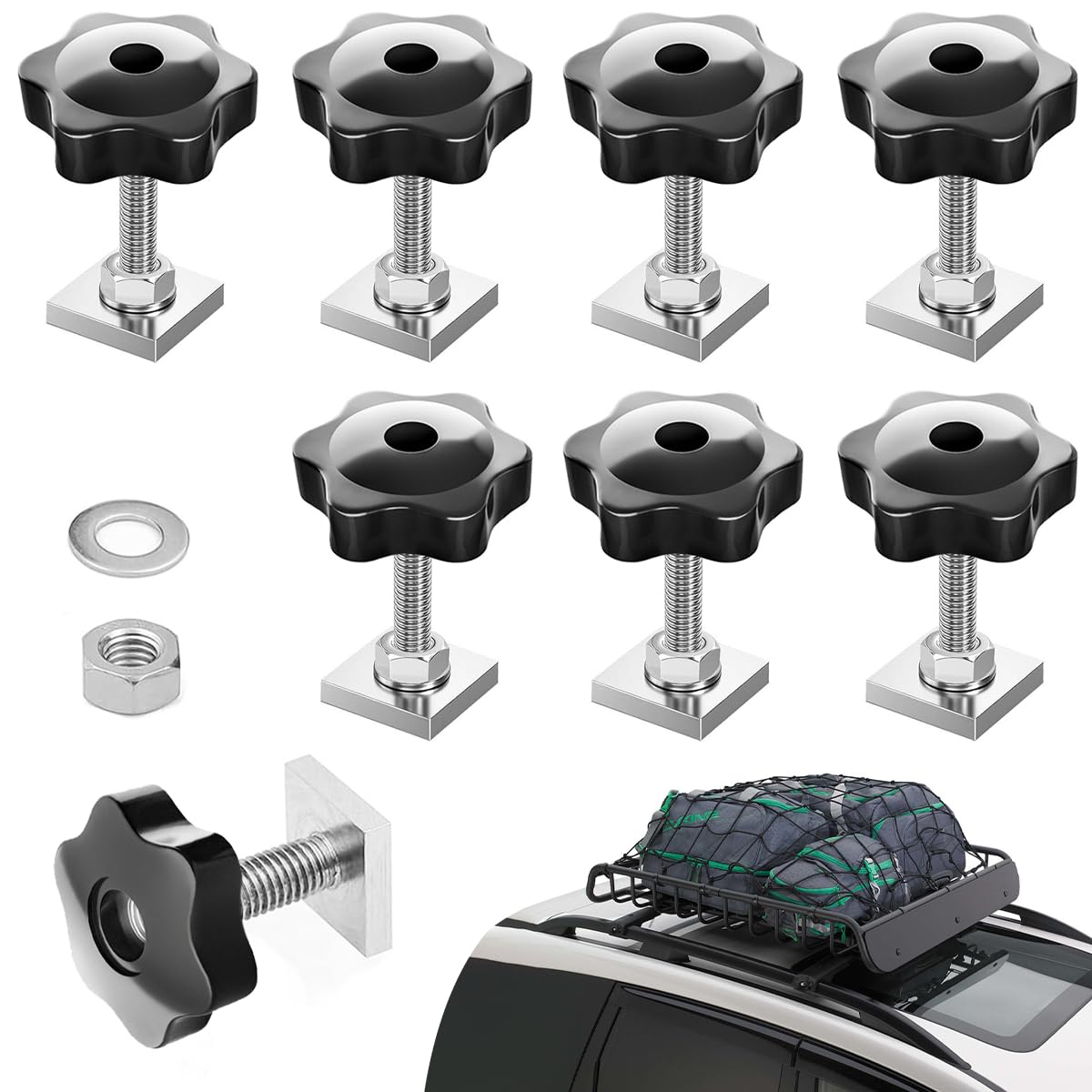 8 Pezzi Viti T-Nut M6 x 35mm, Adattatore T-Nut con Dadi A Stella M6 e Rondelle, per Portapacchi, Portabiciclette e Barre da Tetto