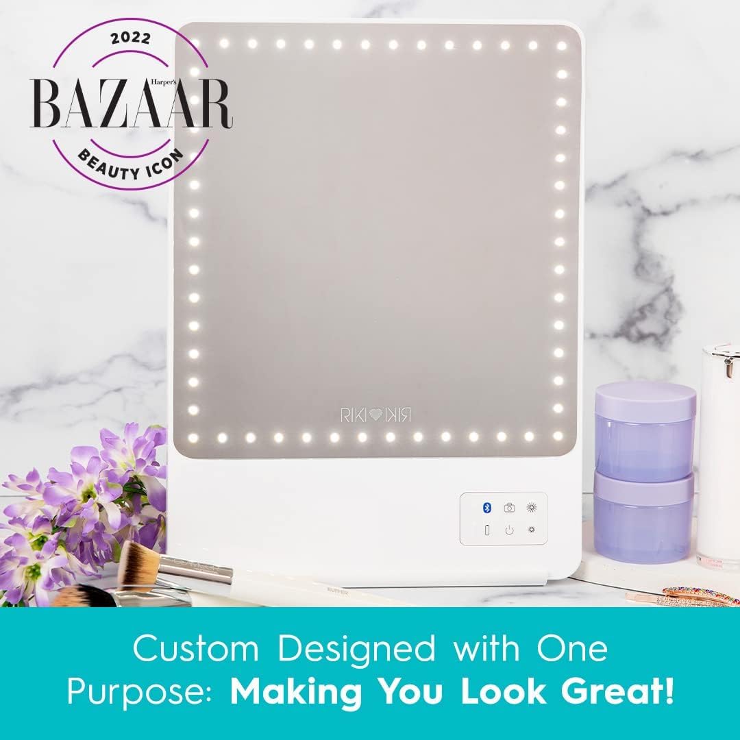 RIKI LOVES RIKI LED Vanity Mirror with Lights & Bluetooth - Portable Lighted Makeup Mirror with Magnification, Adjustable Stand, & Phone Clip | 5 Dimming Stages & HD Daylight Lighting Cosmetic Mirror