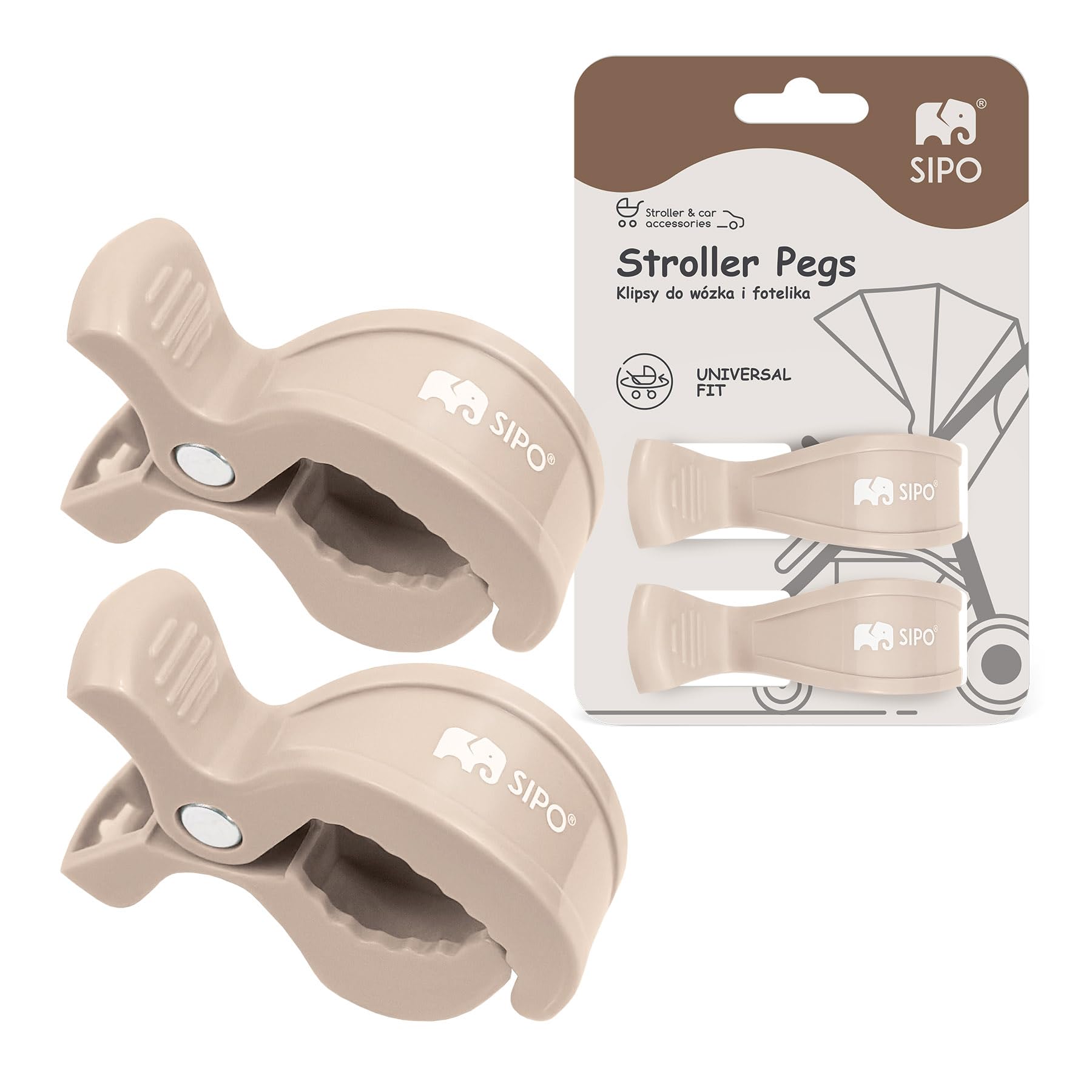 SIPO Stroller Clips Beige (Set of 2) - Universal ABS Hooks for Prams & Car Seats - 2kg Load Capacity, Secure Rounded Design
