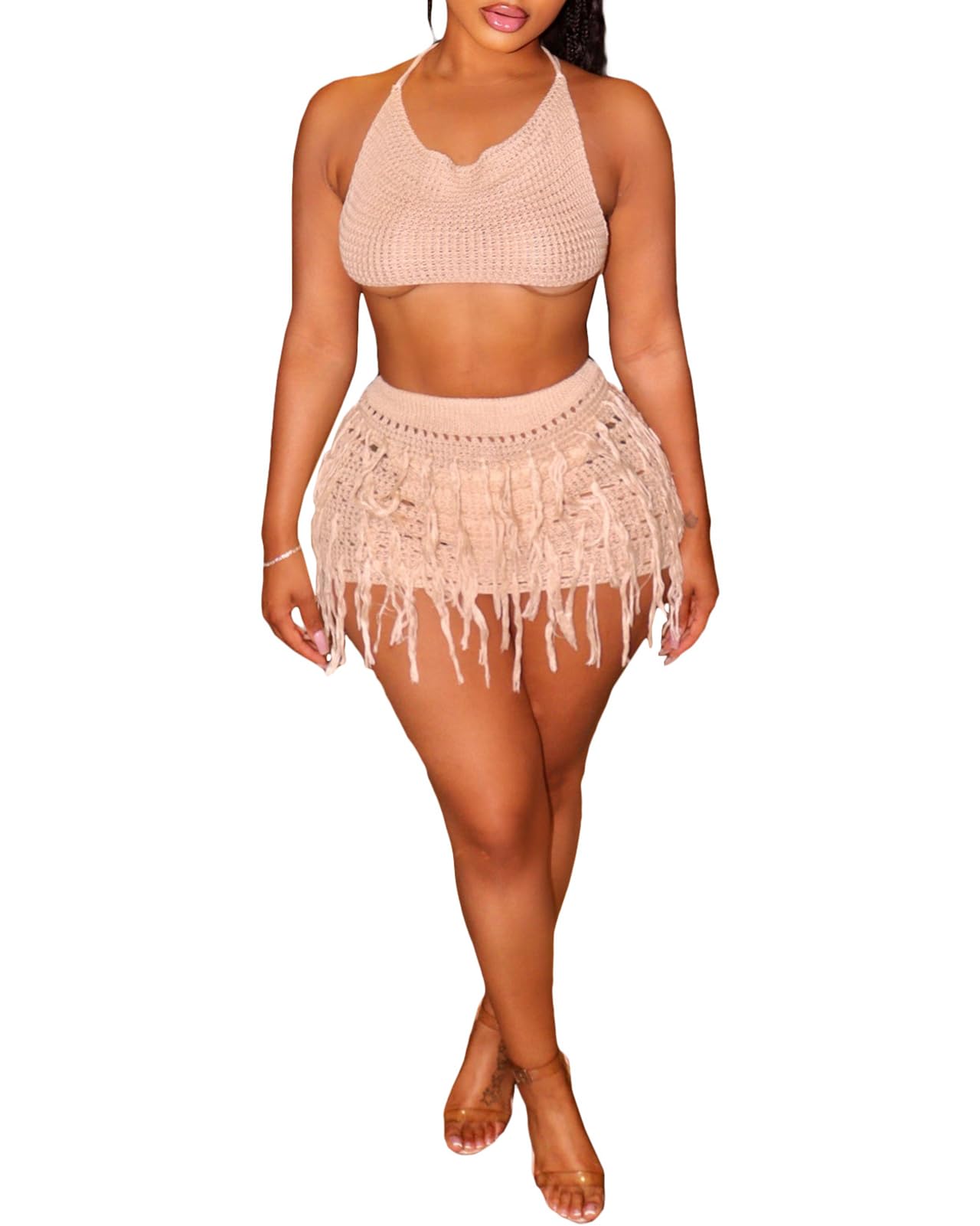 Women 2 Piece Outfits Crochet Skirt Sets Sexy Summer Bandage Crop Tops Tassel Beach Mini Dress