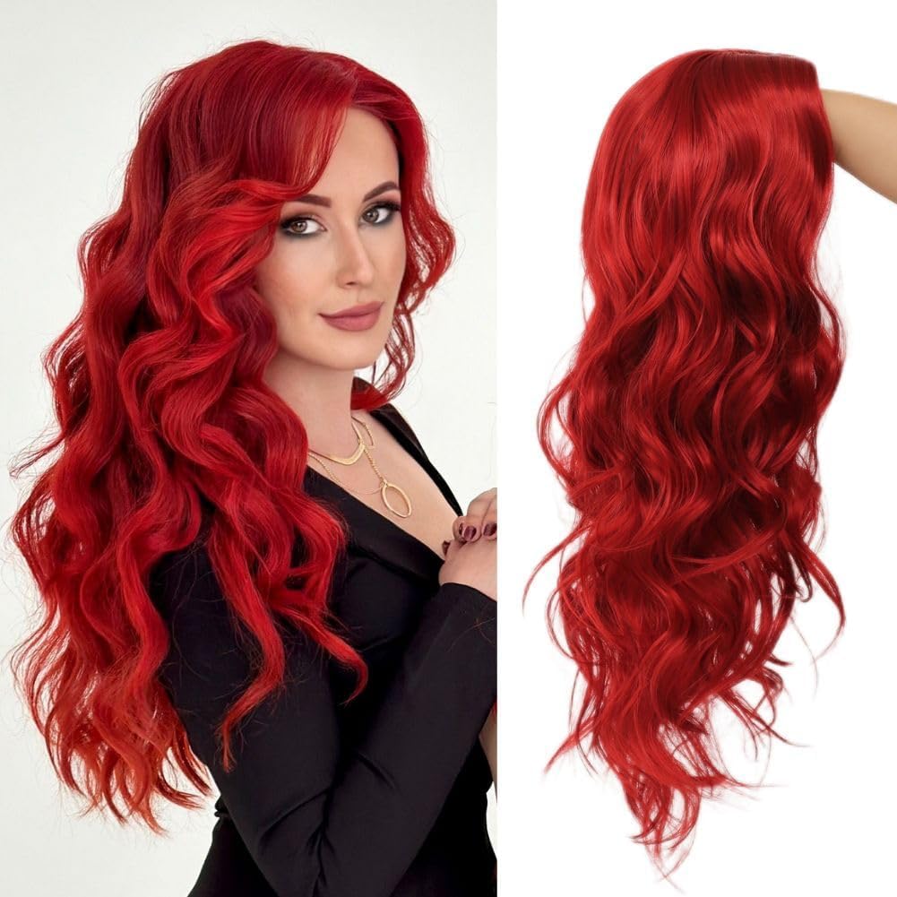 Salaibs Red Long Curly Wigs for Women Middle Part Wavy Natural Synthetic Hair Wigs for Cosplay Halloween Party Use