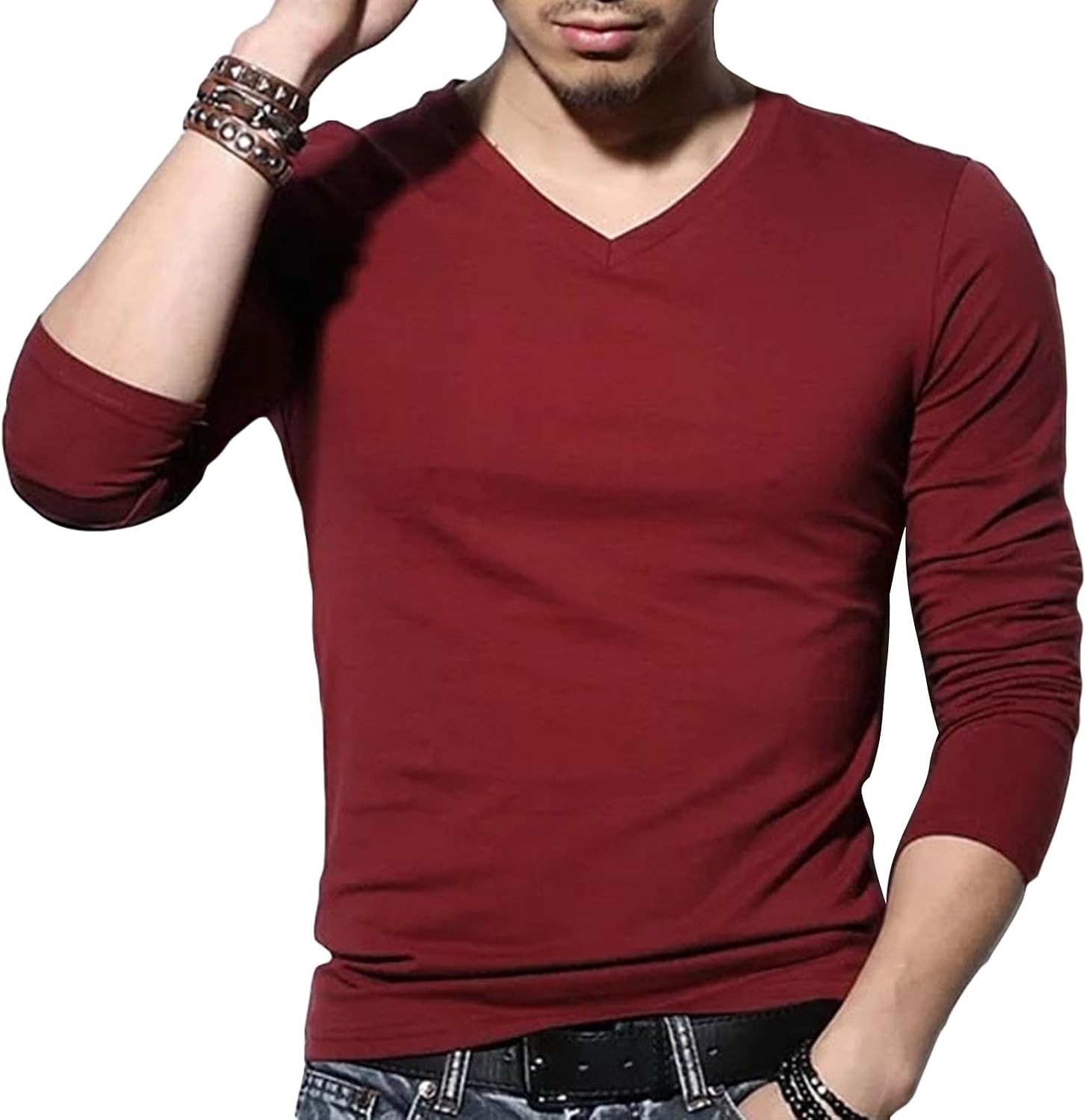 Mens Casual V-Neck Long Sleeve T-Shirts Classic Soft Lightweight Stretch Athletic Shirts Slim Fit Undershirts Tees