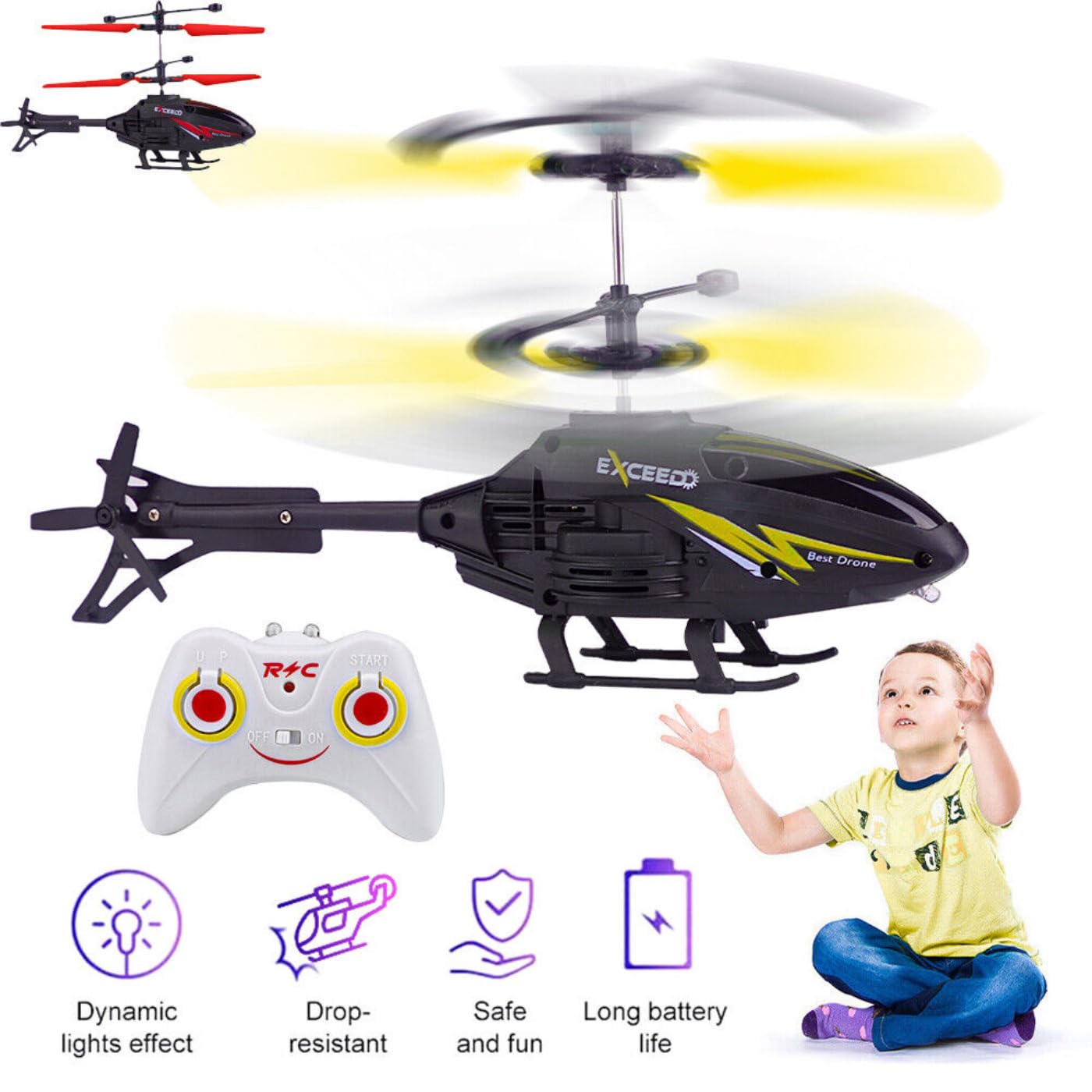 QUEENZOMY® Toy Flying Helicopter with Remote Control and Safety Sensor, 3D Light and Gravity contrilled. Plastic Material, Pack of 1 I Black Yellow Colour 3