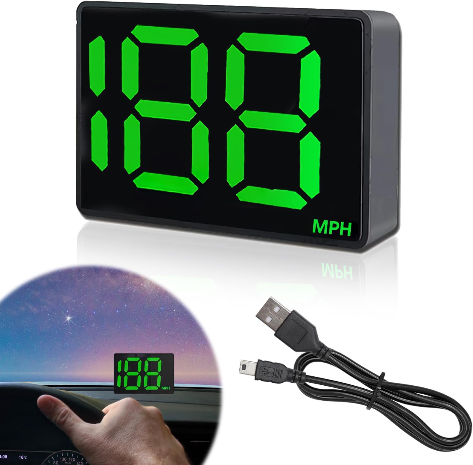 Digital GPS Car Speedometer HUD, Heads Up Display, Real-Time MPH, USB Plug & Play for Truck, SUV, Motorcycle, LED Large Font - Clear & Accurate (S)