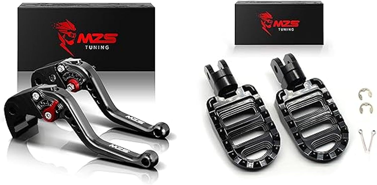 MZS Black Motorcycle Clutch Brake Levers Short Adjustable + Motorcycle Front Foot Pegs, Roating Rider Footpegs MX Serrated Compatible with GSXS 1000 GSXS1000 GSX-S1000
