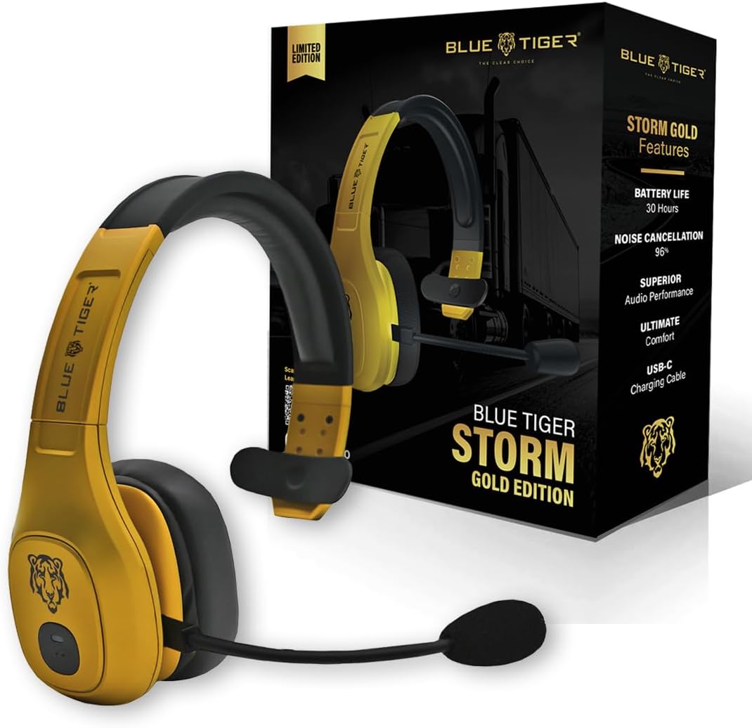 Blue Tiger Storm Gold – Premium Trucker Bluetooth Headset-Wireless Noise Canceling Mono Headset with Mic -High-Fidelity Sound, 30-Hour Talk Time, USB-C Charging – for Truck Drivers, Bluetooth 5.0