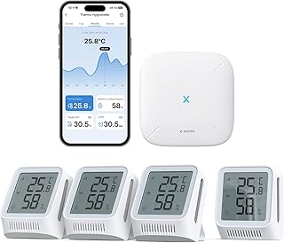 X-Sense WLAN Hygrometer Thermometer Innen mit LCD-Display, Temperatur- und Luftfeuchtigkeitsüberwachung per App, Smiley-Indikator, kompatibel mit Alexa, 4 Sensoren und Basisstation SBS50, STH0A41